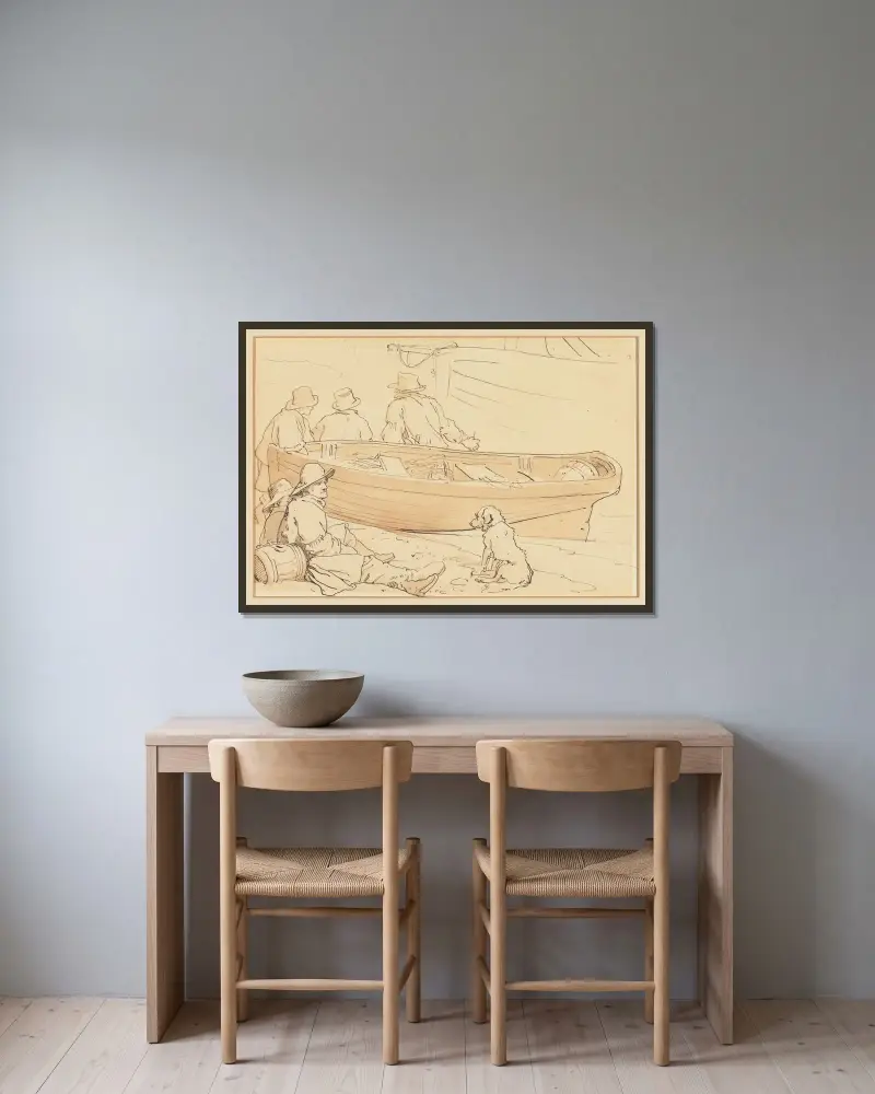 Fiskare vid en båt med en hund av Sir Edwin Henry Landseer inramad på en vägg