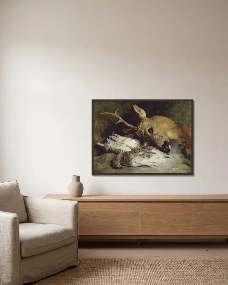 Rådjurshuvud och två ripor av Sir Edwin Henry Landseer inramad på en vägg