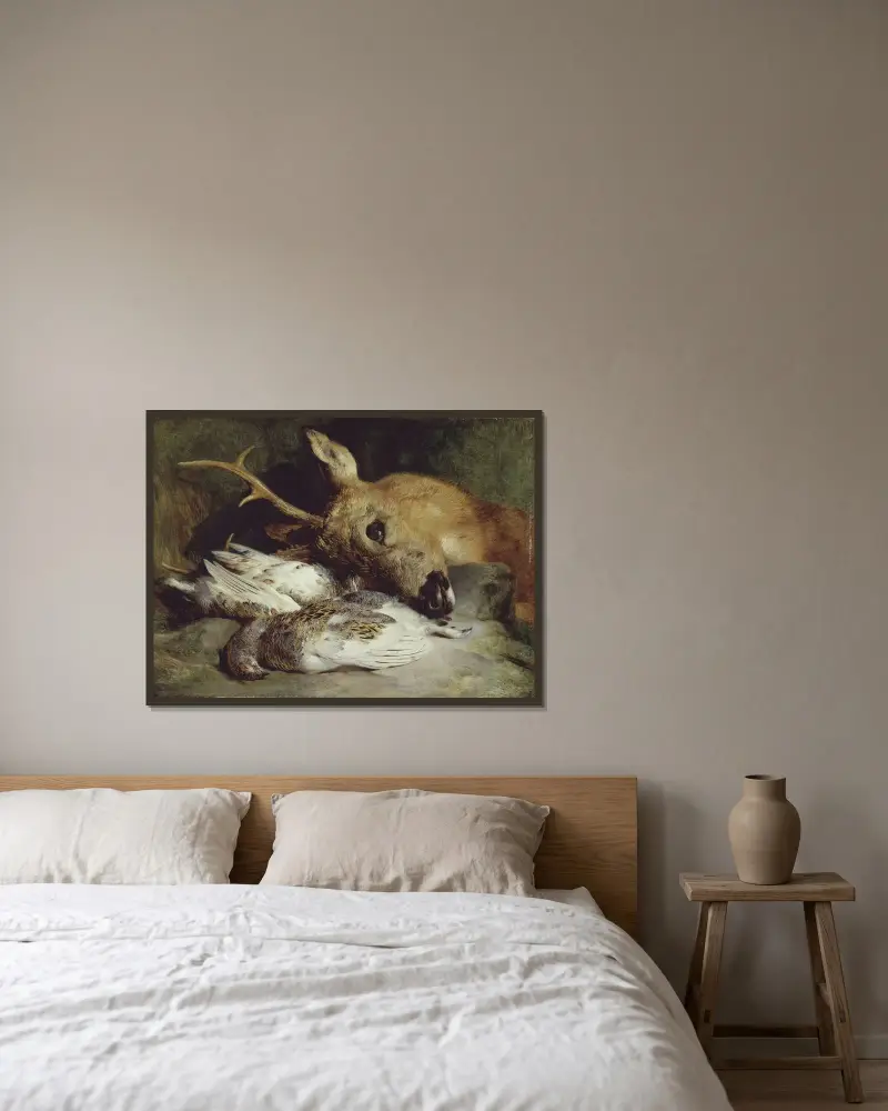 Rådjurshuvud och två ripor av Sir Edwin Henry Landseer inramad på en vägg