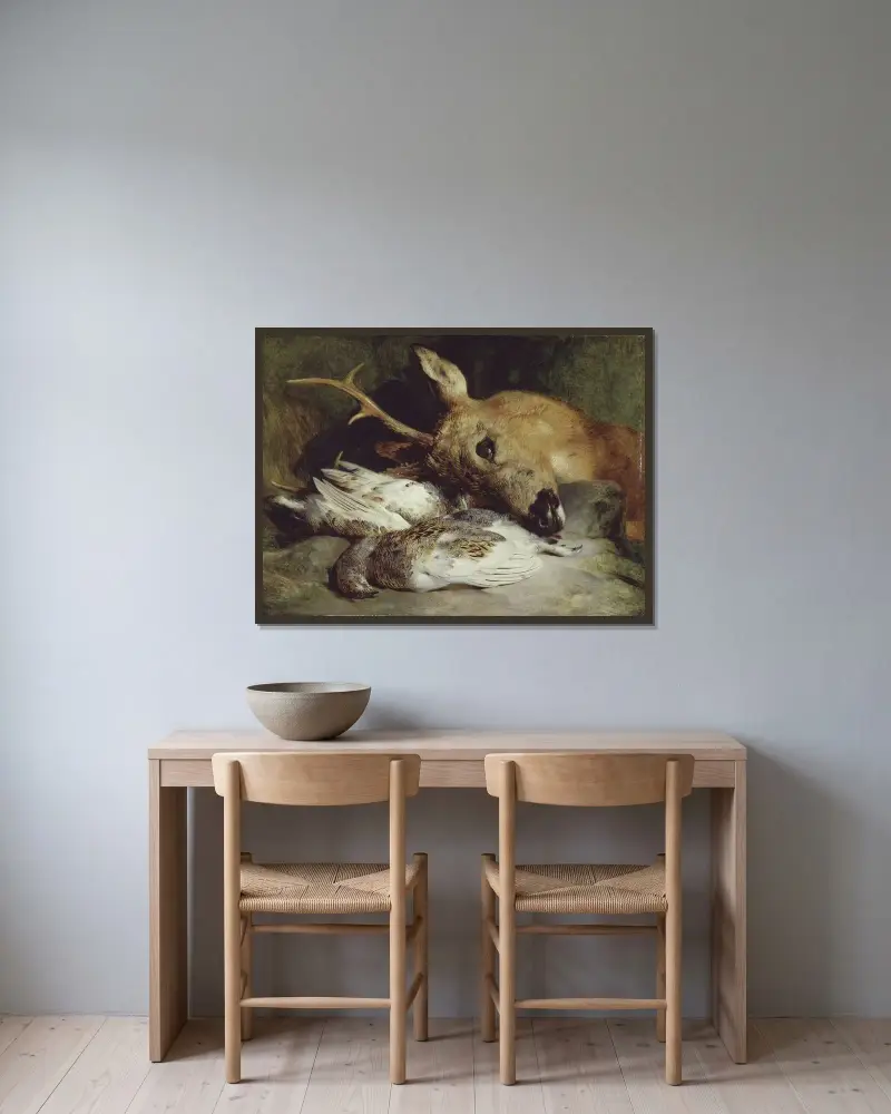 Rådjurshuvud och två ripor av Sir Edwin Henry Landseer inramad på en vägg