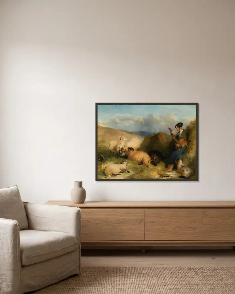 Lassie hütet Schafe von Sir Edwin Henry Landseer gerahmt an einer Wand