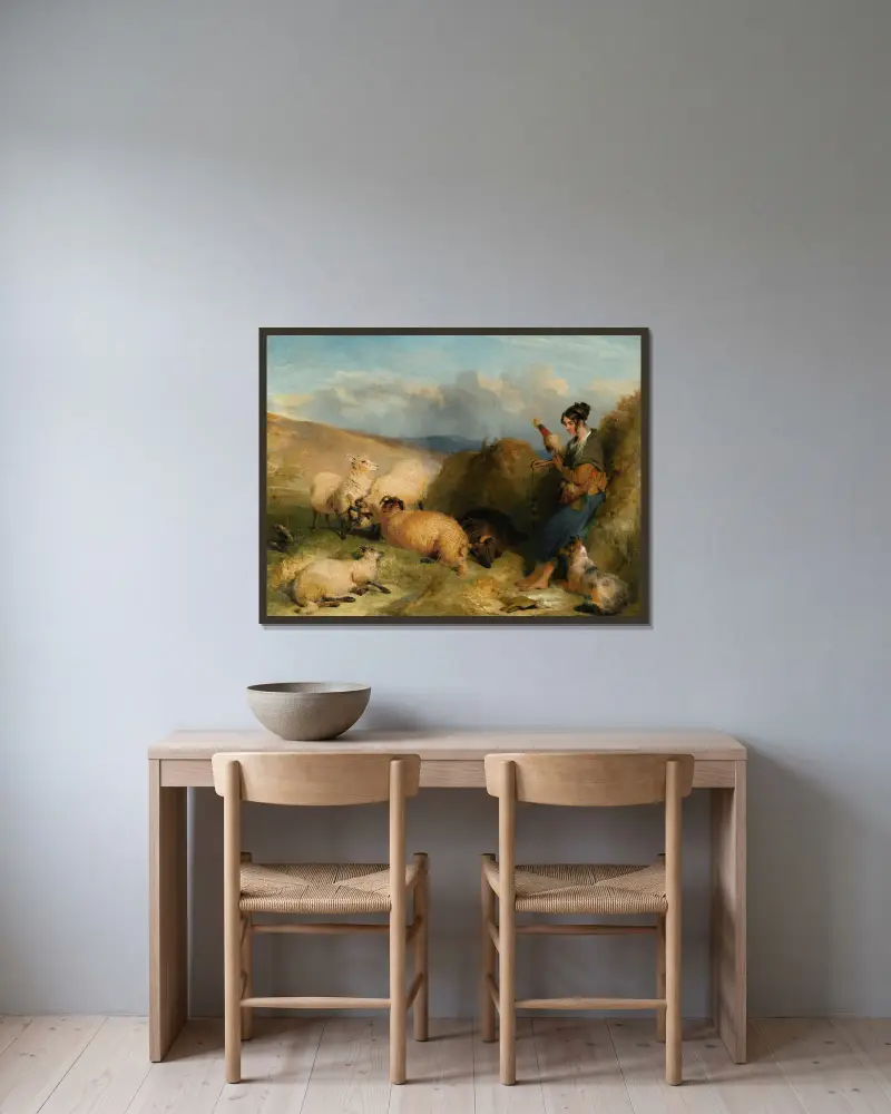 Lassie hütet Schafe von Sir Edwin Henry Landseer gerahmt an einer Wand