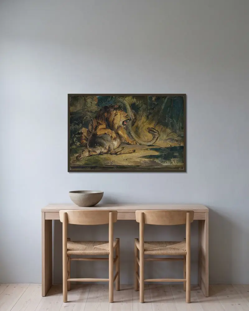 Lejon försvarar sitt byte av Sir Edwin Henry Landseer inramad på en vägg