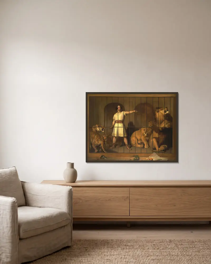 Portrait of Mr. Van Amburgh, As He Appeared with His Animals at the London Theatres av Sir Edwin Henry Landseer inramad på en vägg
