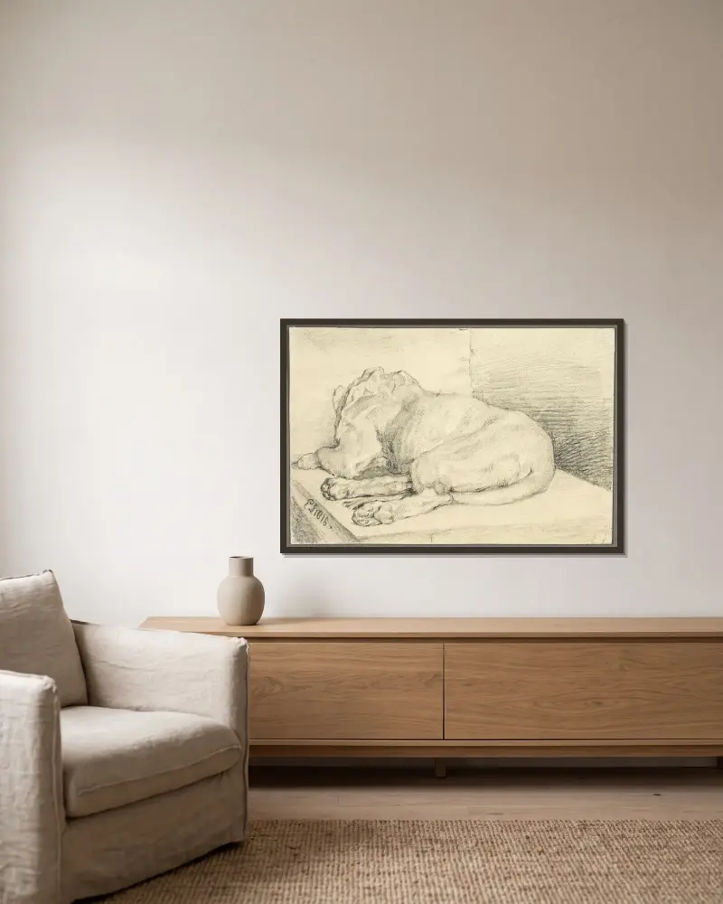 Liggande lejon, från ryggen av Sir Edwin Henry Landseer inramad på en vägg