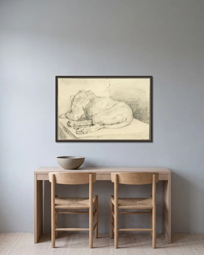 Liggande lejon, från ryggen av Sir Edwin Henry Landseer inramad på en vägg