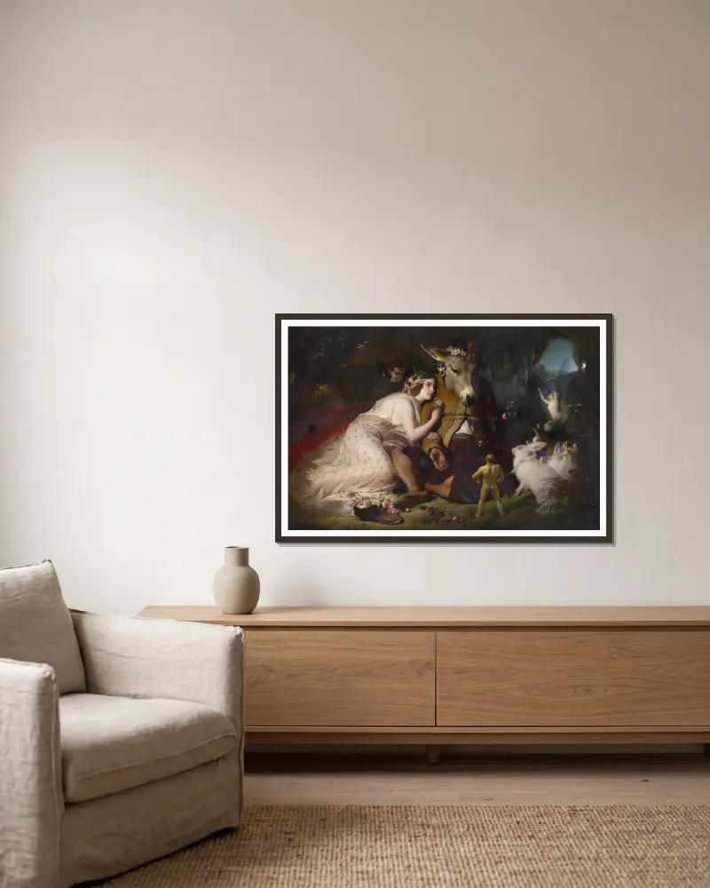 Scene from a Midsummer Night’s Dream. Titania and Bottom av Sir Edwin Henry Landseer inramad på en vägg