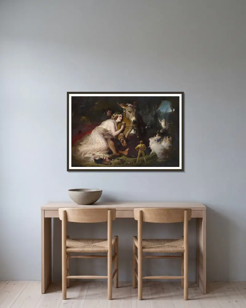 Scene from a Midsummer Night’s Dream. Titania and Bottom av Sir Edwin Henry Landseer inramad på en vägg