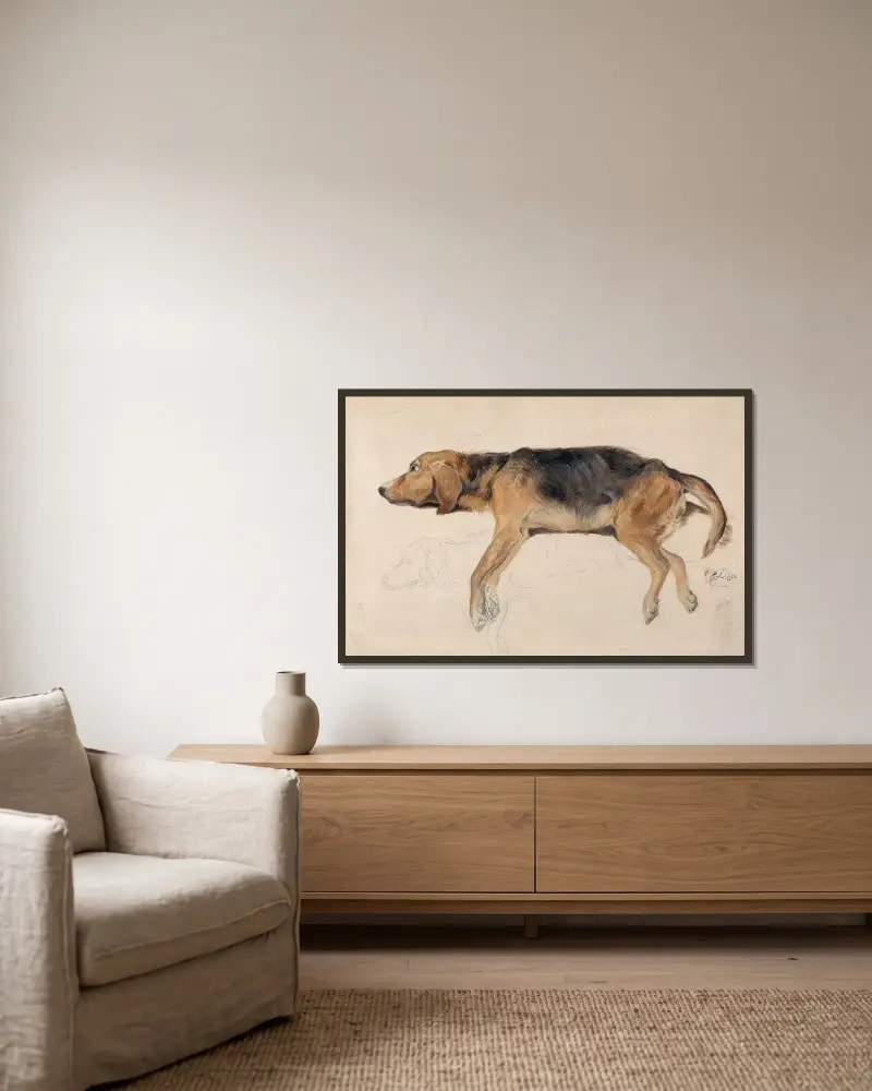 Studie av en liggande hund av Sir Edwin Henry Landseer inramad på en vägg