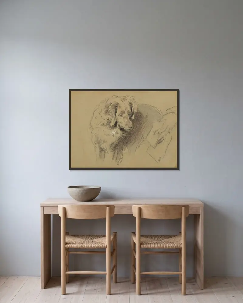 Studie av en hund av Sir Edwin Henry Landseer inramad på en vägg