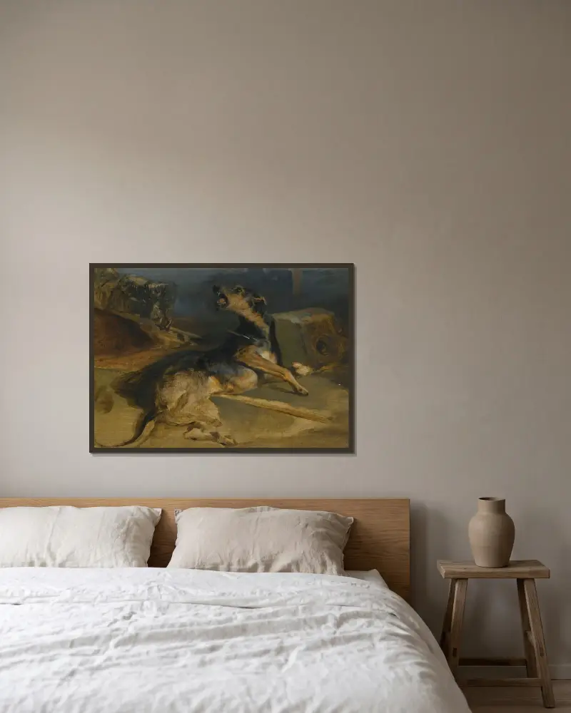 Studie av en sårad hund, ur Walter Scotts Talismanen av Sir Edwin Henry Landseer inramad på en vägg