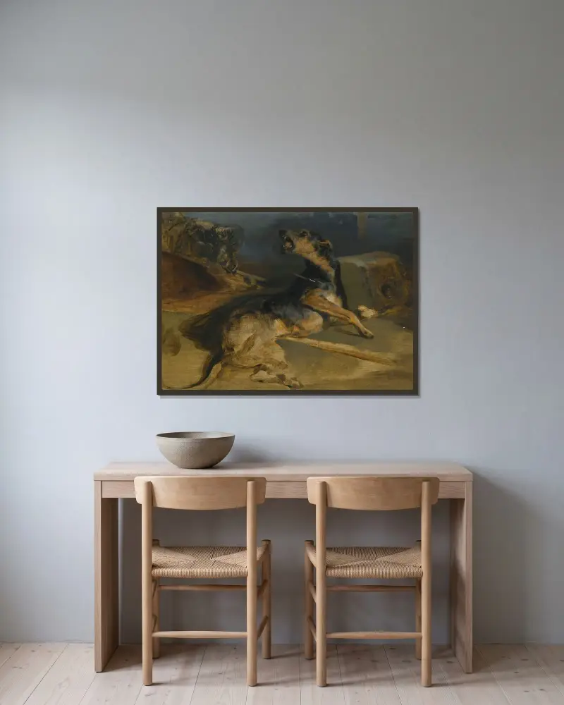 Studie av en sårad hund, ur Walter Scotts Talismanen av Sir Edwin Henry Landseer inramad på en vägg