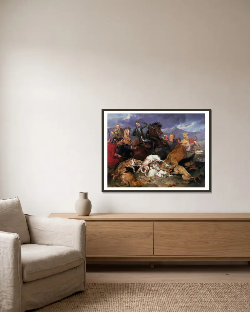 The Hunting Of Chevy Chase av Sir Edwin Henry Landseer inramad på en vägg