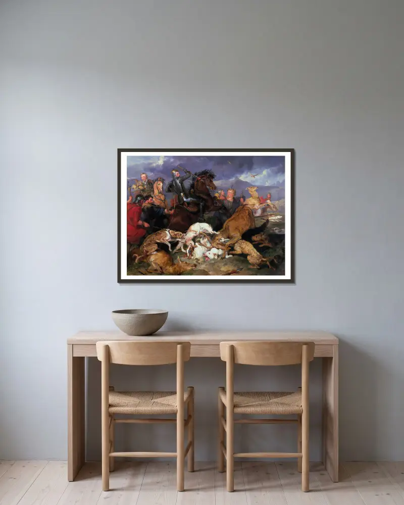The Hunting Of Chevy Chase av Sir Edwin Henry Landseer inramad på en vägg