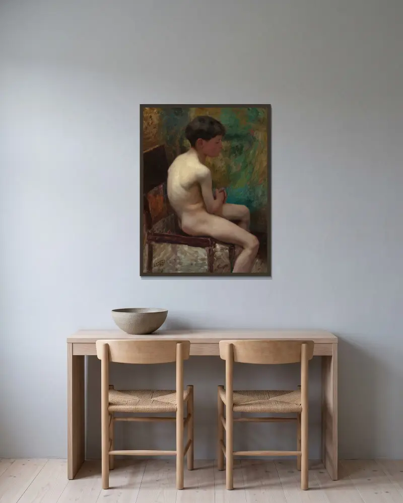 Ein junger Junge (sitzender Junge) von Edward Henry Potthast gerahmt an einer Wand
