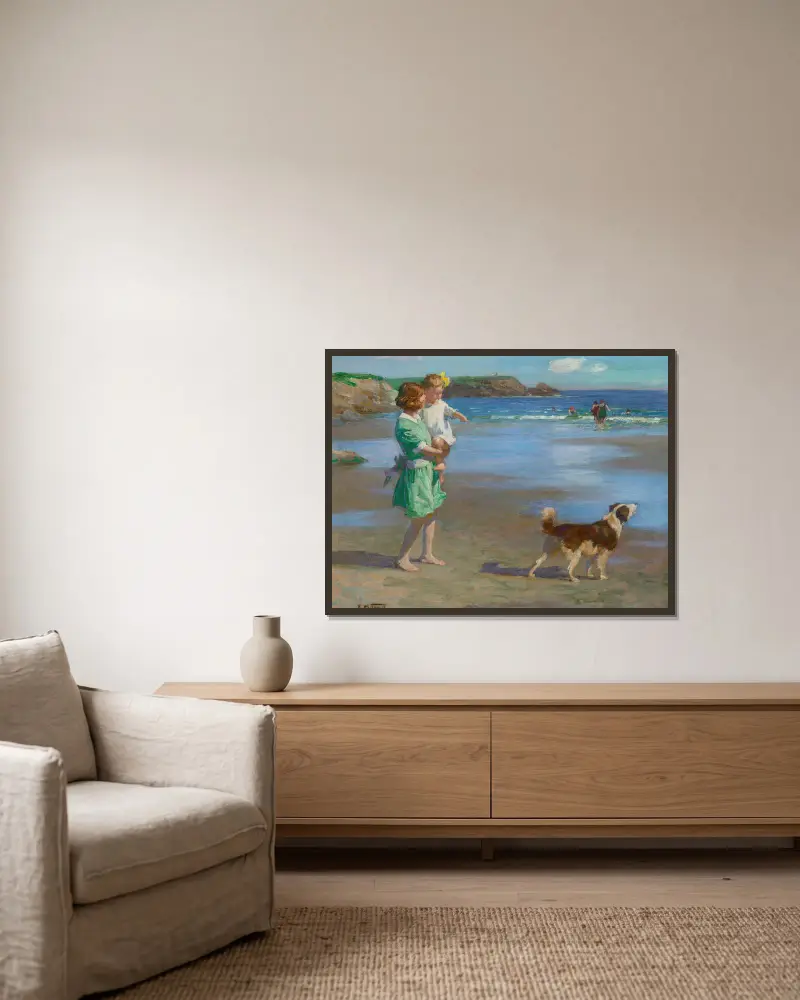 Am Strand (Sommervergnügen) von Edward Henry Potthast gerahmt an einer Wand