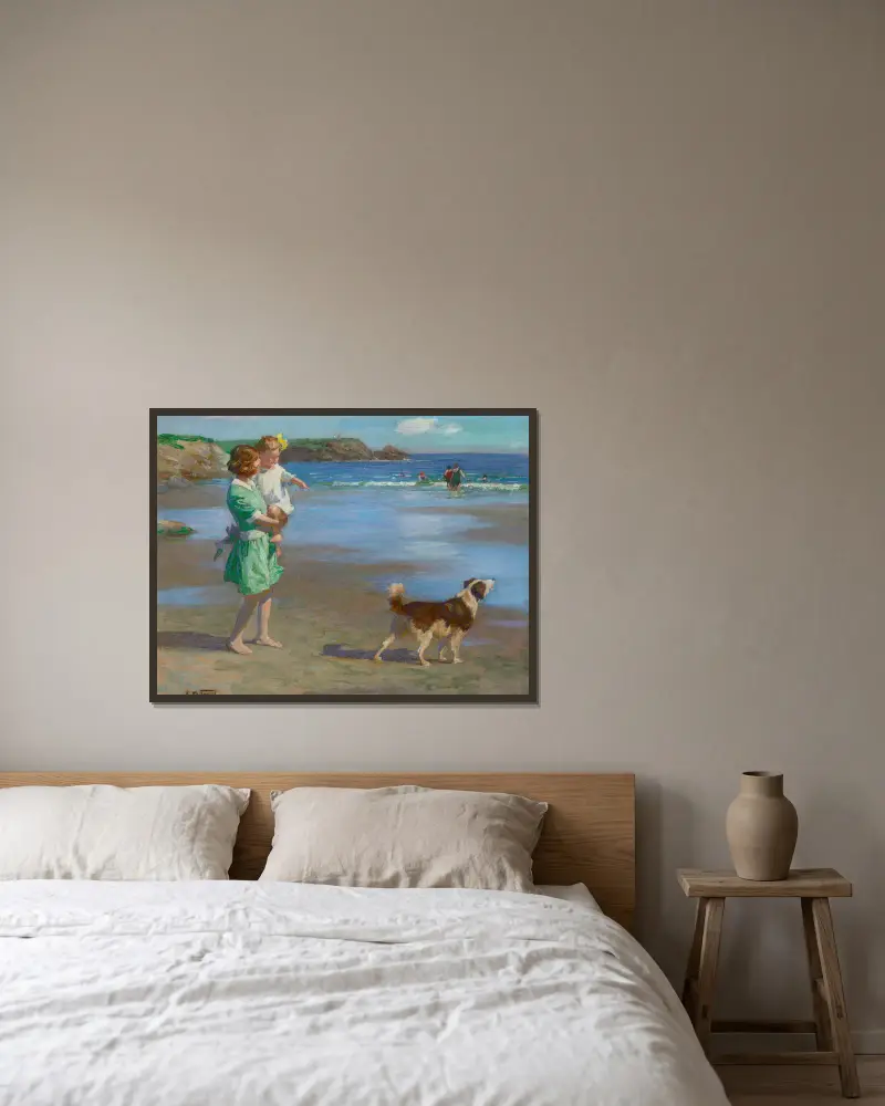 Am Strand (Sommervergnügen) von Edward Henry Potthast gerahmt an einer Wand