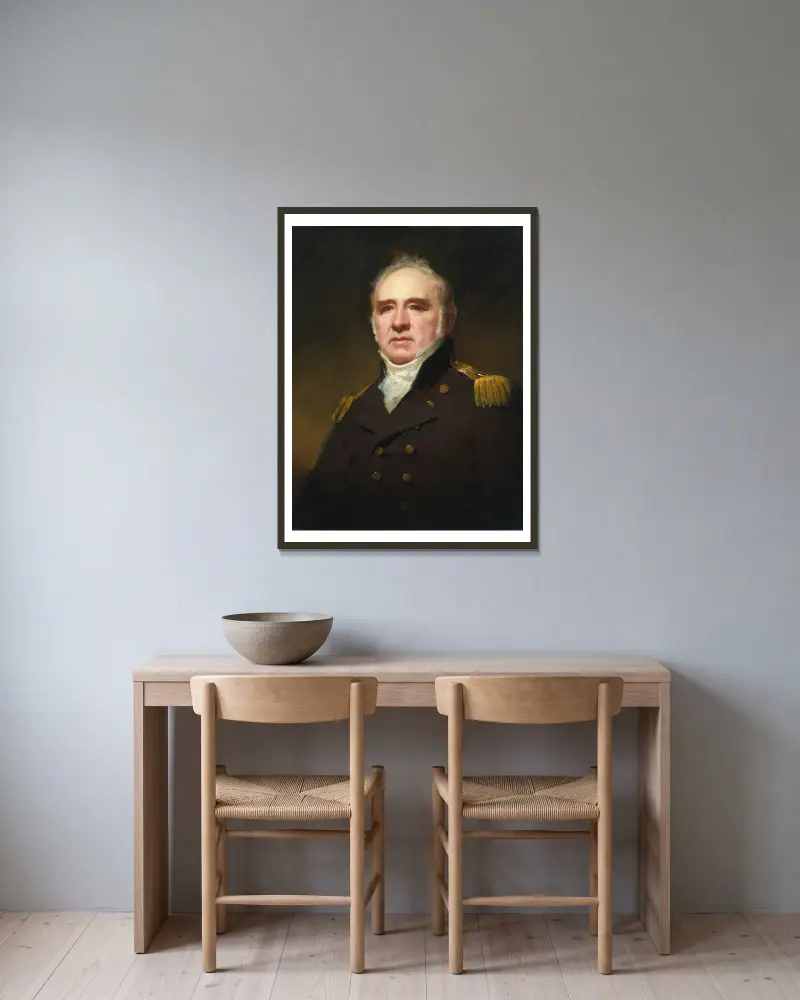 Portrait Of Captain James Forbes-Drummond, R.N., Of Hawthornden av Sir Henry Raeburn inramad på en vägg