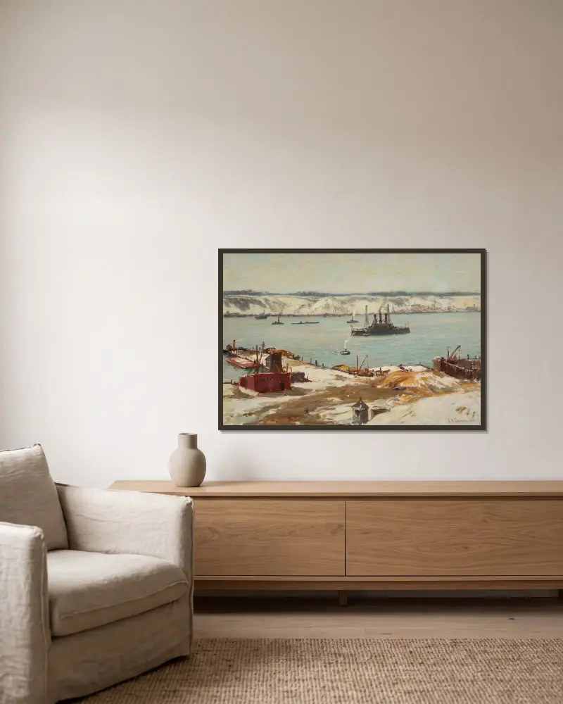 Hudson River und Kriegsschiffe, USS Connecticut von Joseph Henry Sharp gerahmt an einer Wand