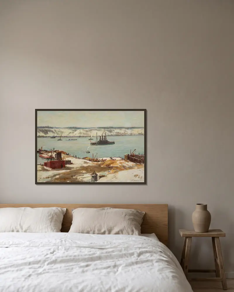 Hudson River und Kriegsschiffe, USS Connecticut von Joseph Henry Sharp gerahmt an einer Wand