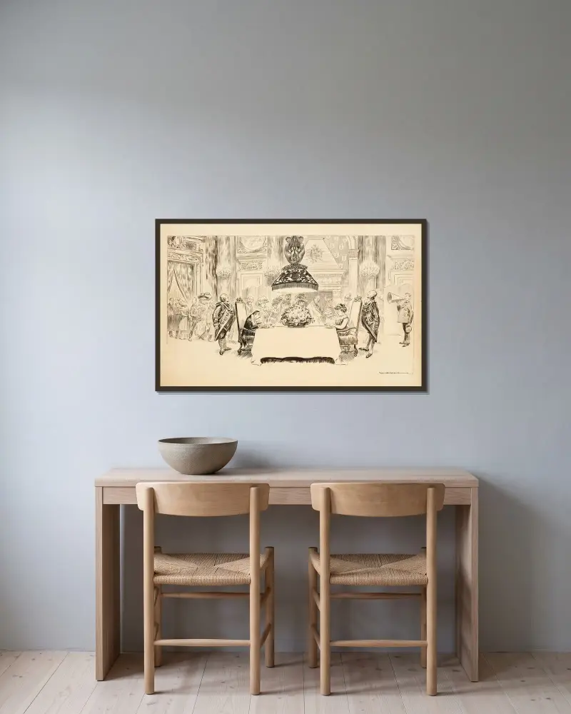 Ein elegantes Abendessen, bei dem nur zwei Gäste am Tisch sitzen und essen. Die übrigen stehen und sehen ihnen zu von William Henry Walker gerahmt an einer Wand