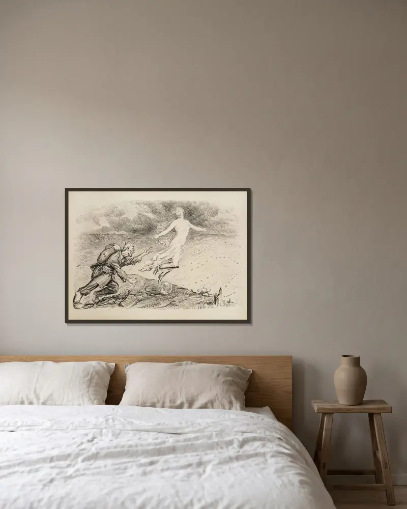 Eine Figur, die die Weltherrschaft verkörpert, verführt einen erschöpften preußischen Soldaten von William Henry Walker gerahmt an einer Wand