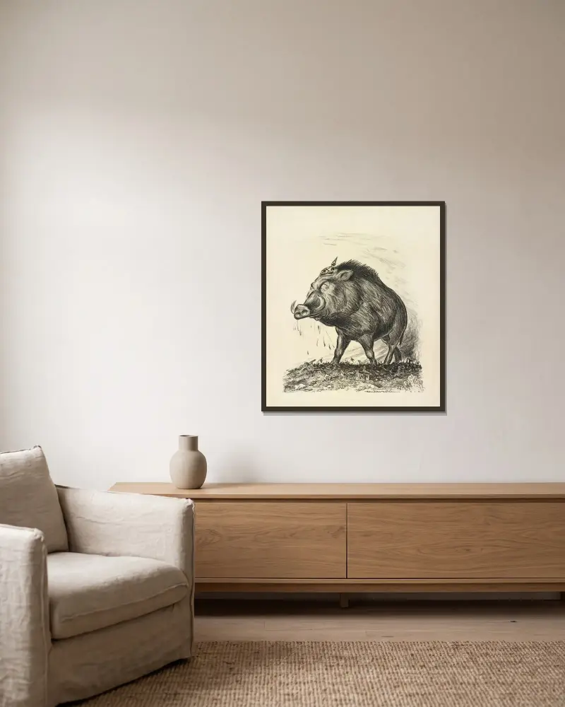 Ein riesiger Wildschwein mit preußischem Helm steht siegreich auf einem Schlachtfeld, das mit gefallenen Soldaten bedeckt ist von William Henry Walker gerahmt an einer Wand