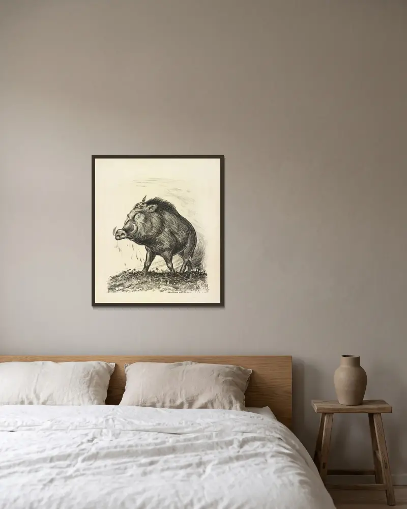 Ein riesiger Wildschwein mit preußischem Helm steht siegreich auf einem Schlachtfeld, das mit gefallenen Soldaten bedeckt ist von William Henry Walker gerahmt an einer Wand