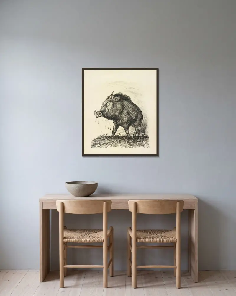 Ein riesiger Wildschwein mit preußischem Helm steht siegreich auf einem Schlachtfeld, das mit gefallenen Soldaten bedeckt ist von William Henry Walker gerahmt an einer Wand