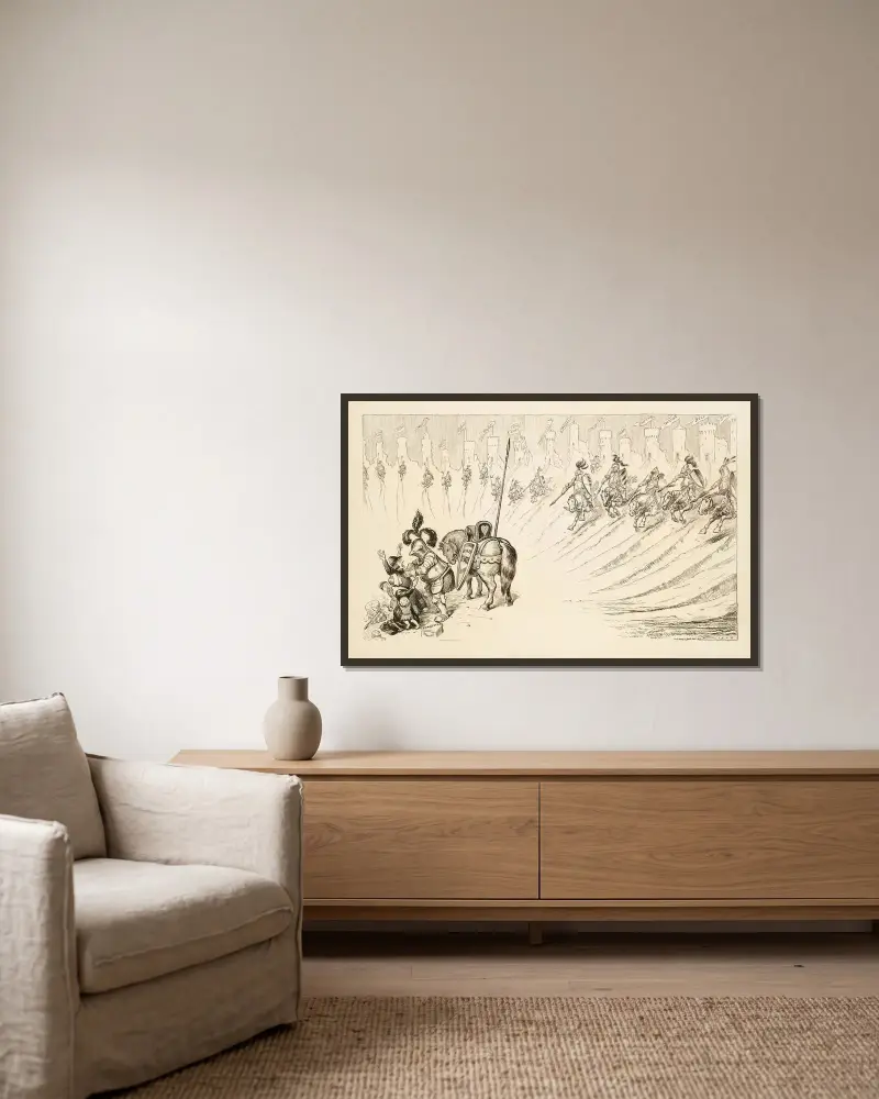 Eine Gruppe von Rittern reitet aus Burgen, die verschiedene Trusts repräsentieren, herbei, um eine Familie (die Konsumenten repräsentiert) vor einem Angreifer zu schützen von William Henry Walker gerahmt an einer Wand
