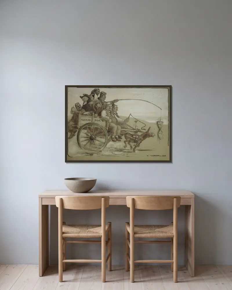 Eine Gruppe großer Leute, die verschiedene Trusts vertreten, fährt auf einem Wagen (Monopol), der von einem kleinen Esel (der Öffentlichkeit) gezogen wird von William Henry Walker gerahmt an einer Wand