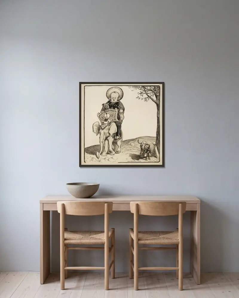 Ett stort barn som representerar den unga industrin och hans bulldogg som representerar Wall Street rider på elefanten som symboliserar Republikanska partiet av William Henry Walker inramad på en vägg
