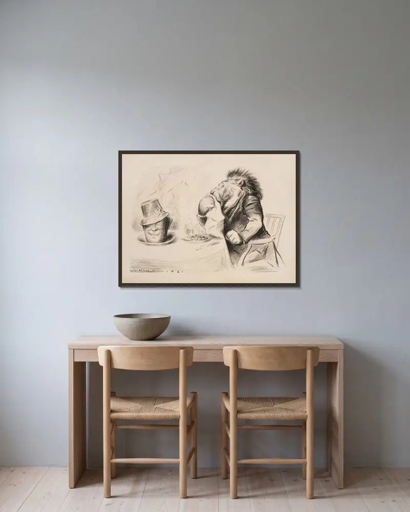 Ein Löwe (Großbritannien) isst ein gutes Abendessen. Die Kaffeetasse auf dem Tisch hat ein Gesicht. von William Henry Walker gerahmt an einer Wand