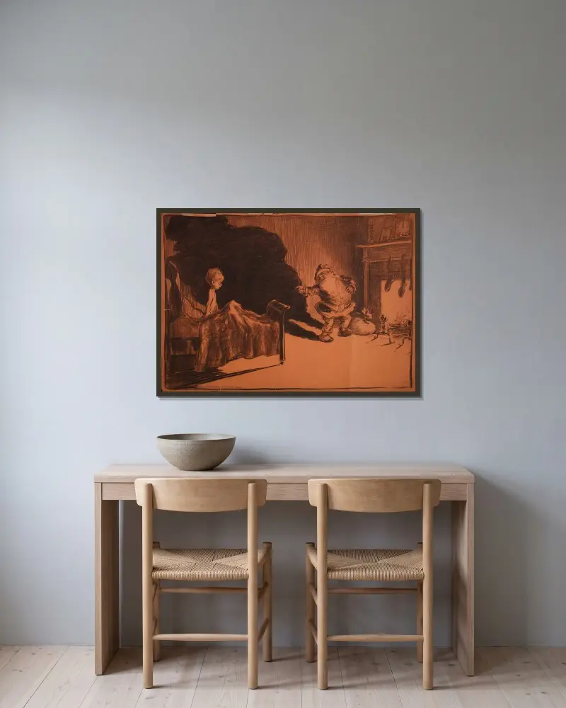 En liten pojke vaknar förvånad och finner jultomten i sitt rum av William Henry Walker inramad på en vägg