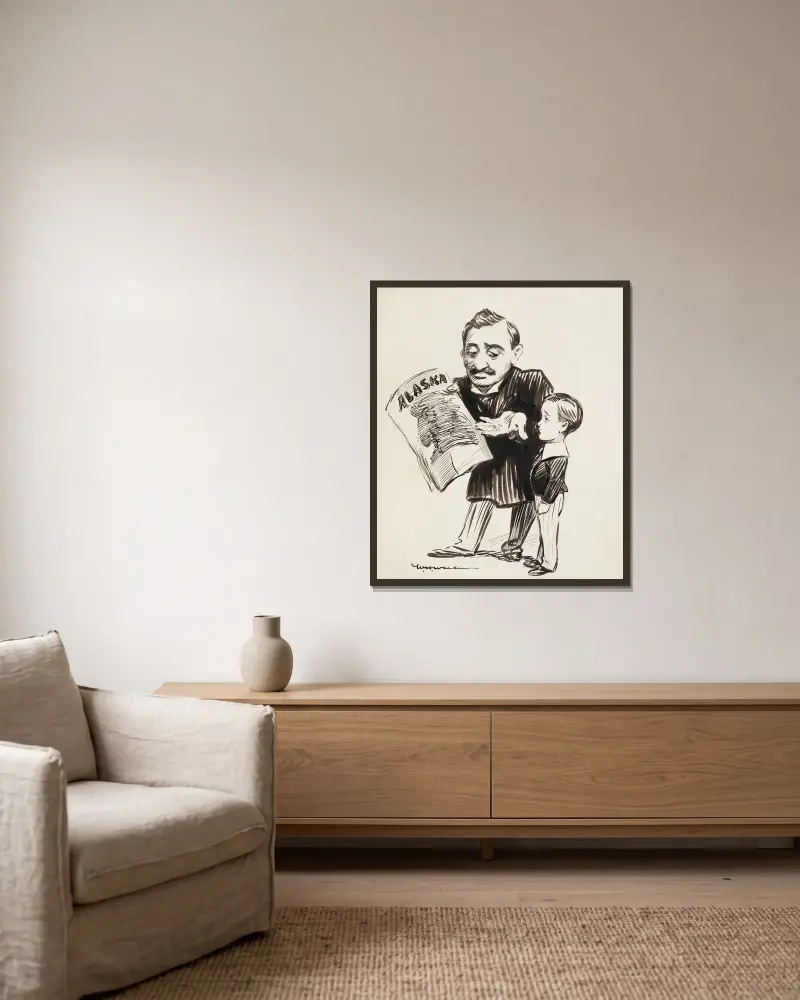 Ein Mann zeigt einem Jungen eine Zeitung über Alaska von William Henry Walker gerahmt an einer Wand