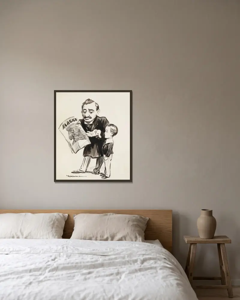 Ein Mann zeigt einem Jungen eine Zeitung über Alaska von William Henry Walker gerahmt an einer Wand