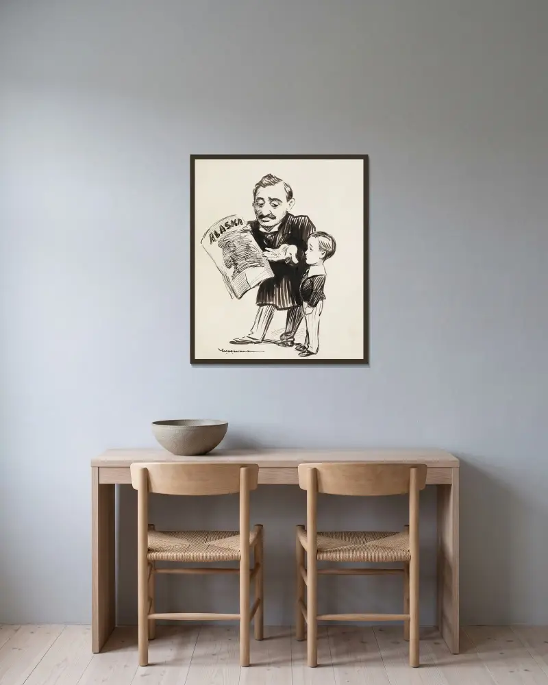 Ein Mann zeigt einem Jungen eine Zeitung über Alaska von William Henry Walker gerahmt an einer Wand