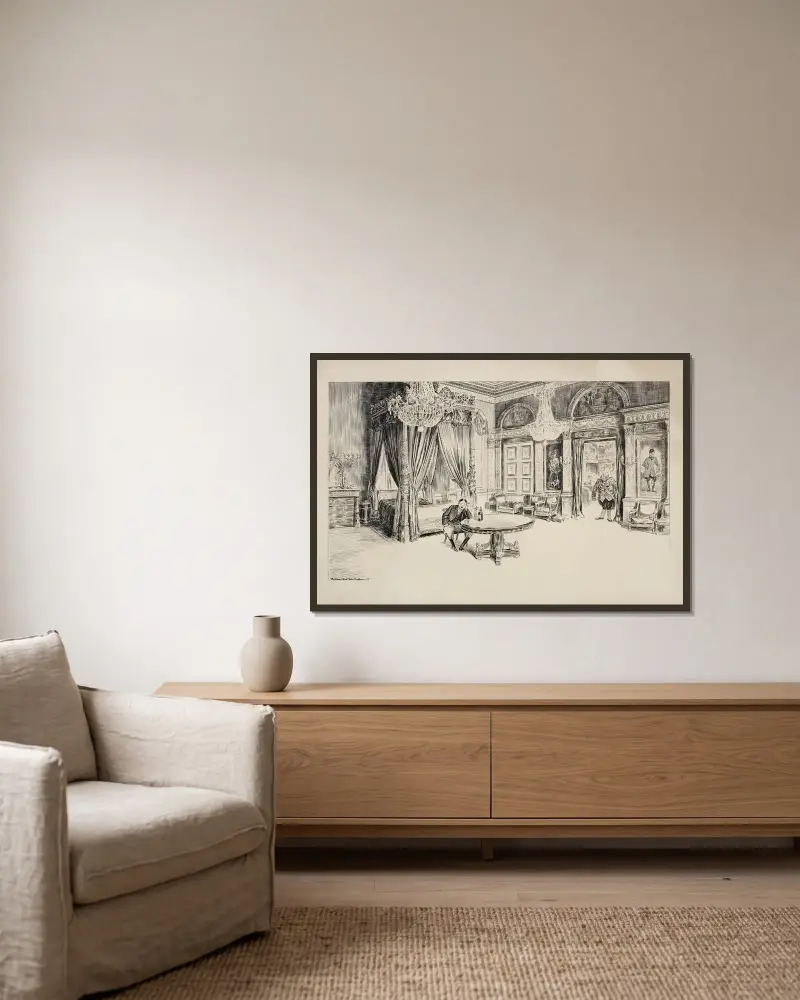 Ein Mann sitzt allein an einem großen Tisch in einem Schlafzimmer und isst von William Henry Walker gerahmt an einer Wand