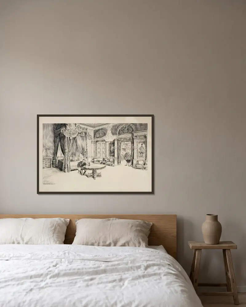 Ein Mann sitzt allein an einem großen Tisch in einem Schlafzimmer und isst von William Henry Walker gerahmt an einer Wand