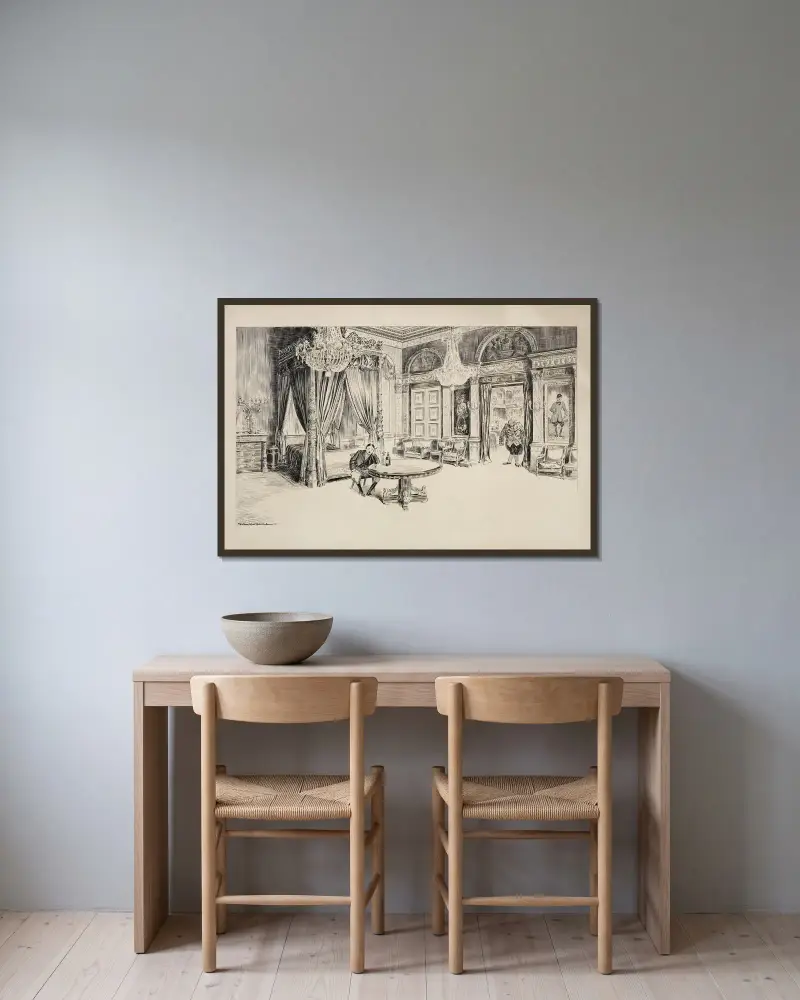 Ein Mann sitzt allein an einem großen Tisch in einem Schlafzimmer und isst von William Henry Walker gerahmt an einer Wand
