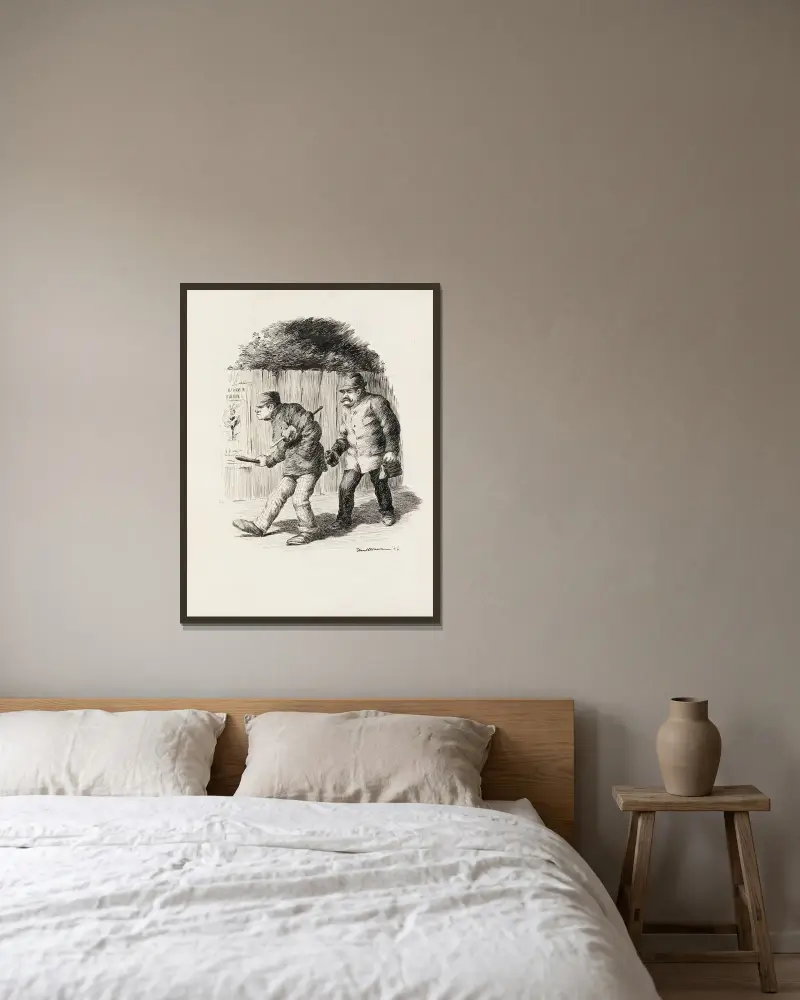 Ein Mann mit Tasche und Thermoskanne folgt einem Mann mit Knüppel und Messer im Dunkeln, entlang eines Zauns mit einem Ballettplakat von William Henry Walker gerahmt an einer Wand