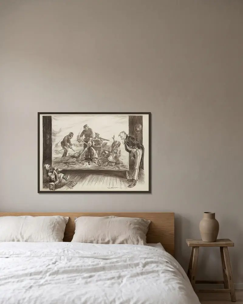 Ein Mann, Wu Ting Fan, lacht und erfreut sich an einem Bild des Massakers der US-Armee an den amerikanischen Ureinwohnern von William Henry Walker gerahmt an einer Wand