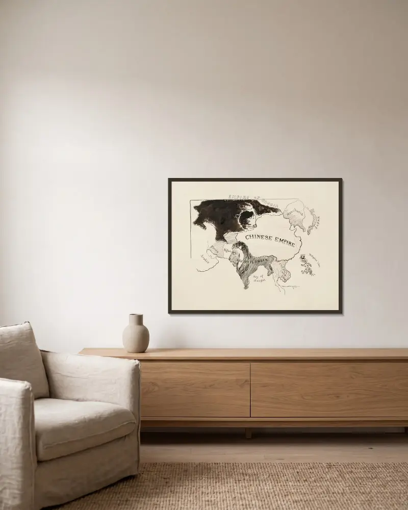 Karte des asiatischen Kontinents mit verschiedenen Imperien, dargestellt durch Tiere von William Henry Walker gerahmt an einer Wand