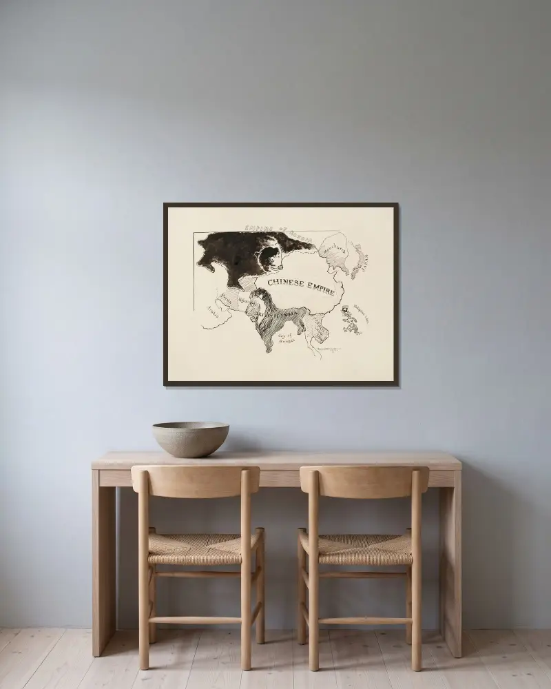 Karte des asiatischen Kontinents mit verschiedenen Imperien, dargestellt durch Tiere von William Henry Walker gerahmt an einer Wand