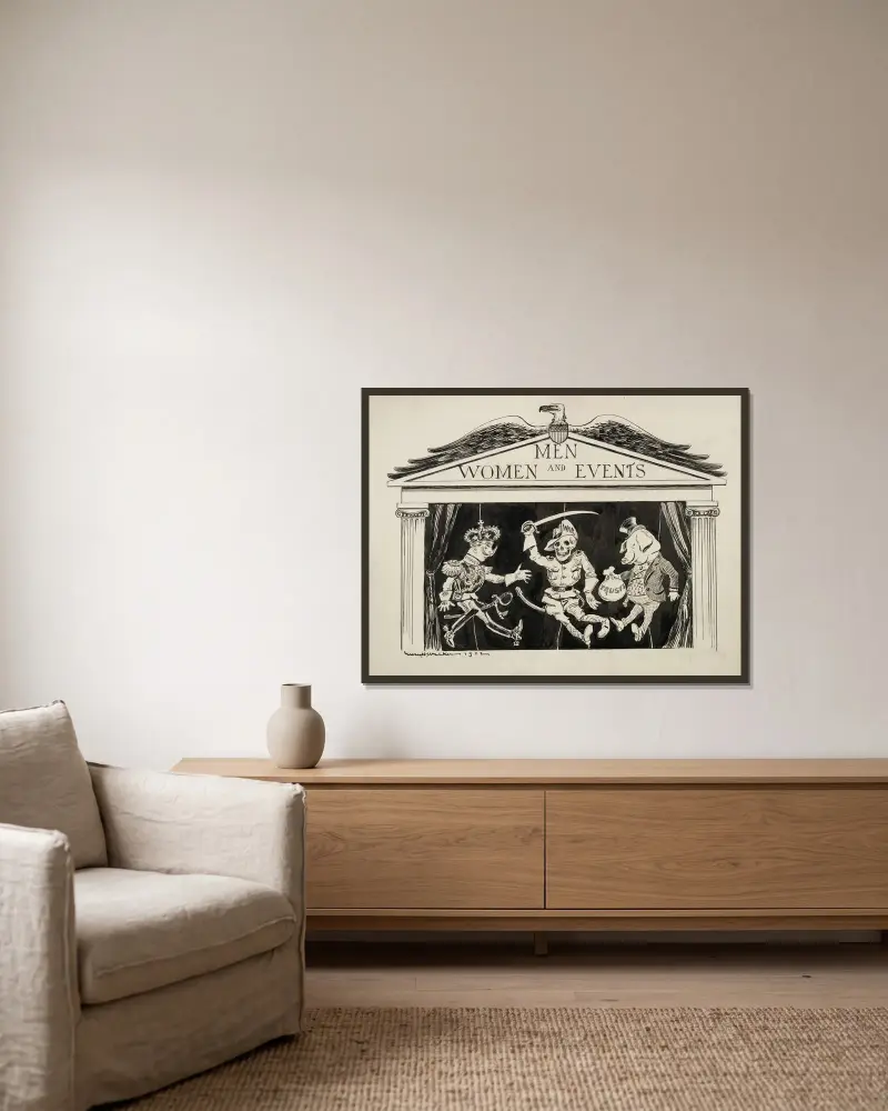 Ein Puppenspiel mit dem Titel 'Männer, Frauen und Ereignisse' von William Henry Walker gerahmt an einer Wand