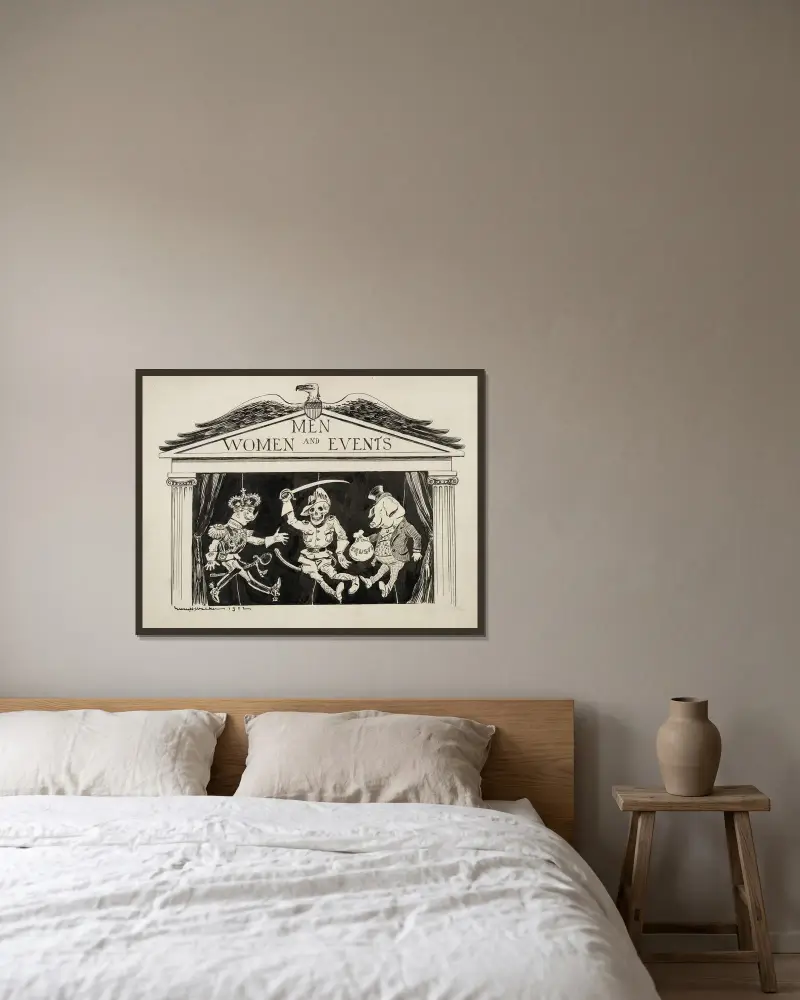 Ein Puppenspiel mit dem Titel 'Männer, Frauen und Ereignisse' von William Henry Walker gerahmt an einer Wand