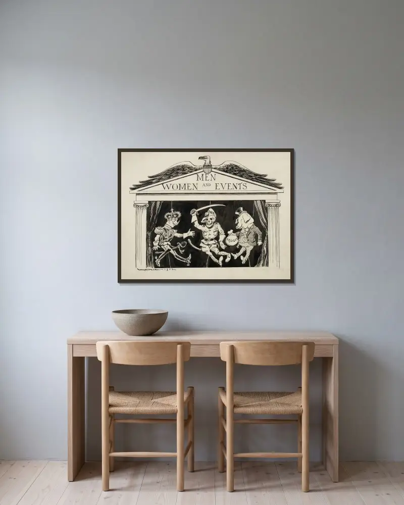 Ein Puppenspiel mit dem Titel 'Männer, Frauen und Ereignisse' von William Henry Walker gerahmt an einer Wand