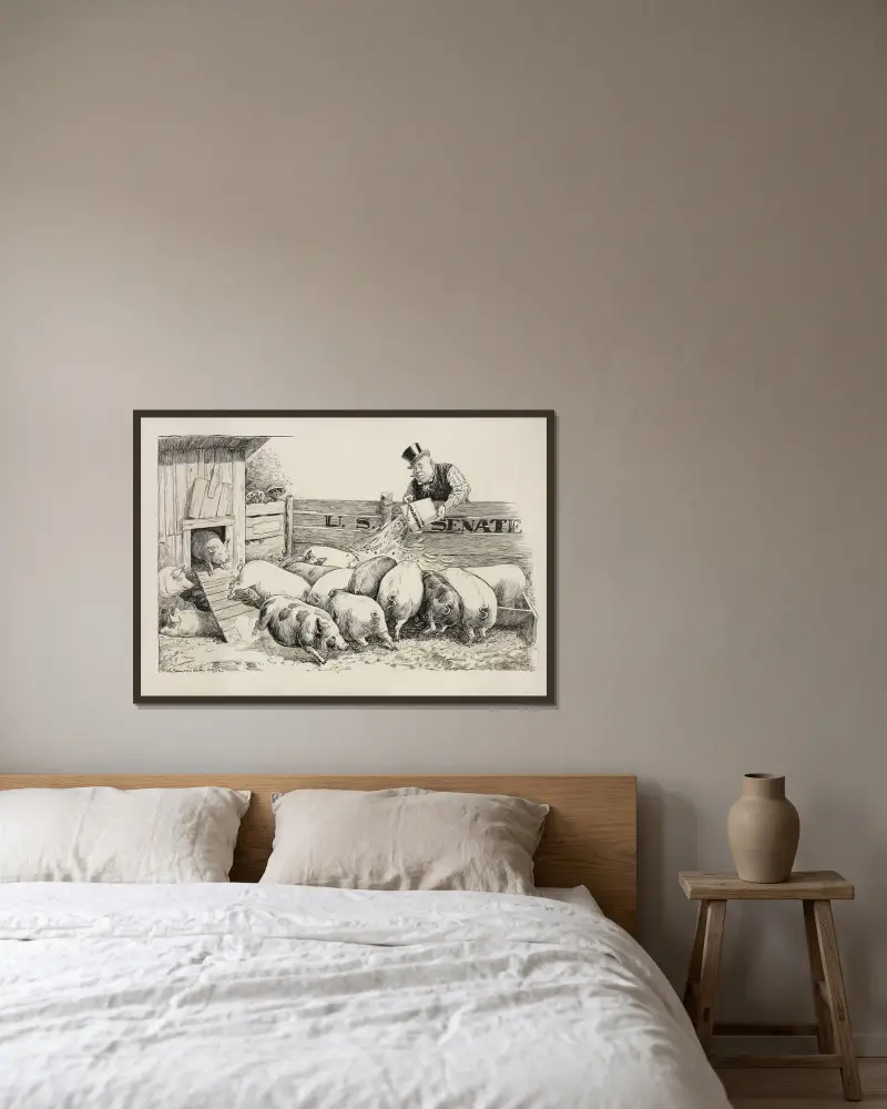 Bogaty człowiek karmi swoje świnie (Senat USA) pieniędzmi z wiadra symbolizującego monopol, William Henry Walker w ramie na ścianie