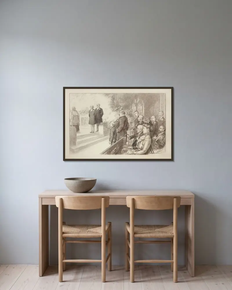 Ett bröllop där alla i bröllopsföljet är stränga män och 'bruden' är en ung pojke av William Henry Walker inramad på en vägg