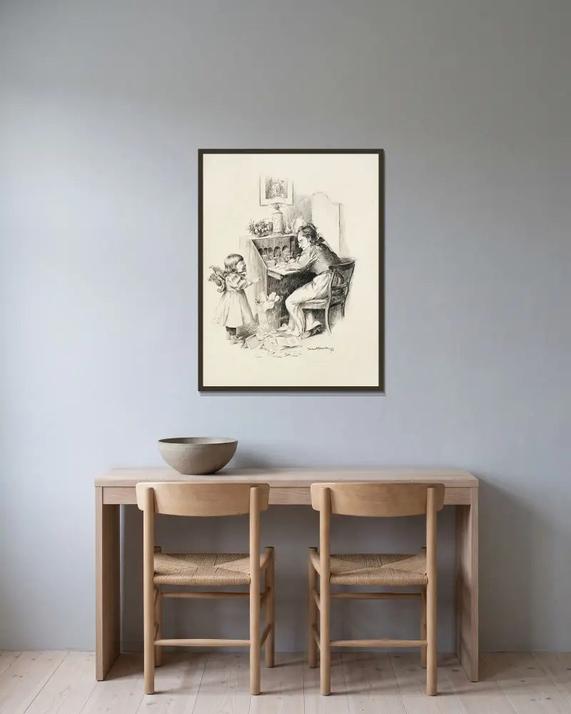 En kvinna vid sitt skrivbord, som försöker skriva, ser argt på en gråtande ung flicka bredvid sig. av William Henry Walker inramad på en vägg